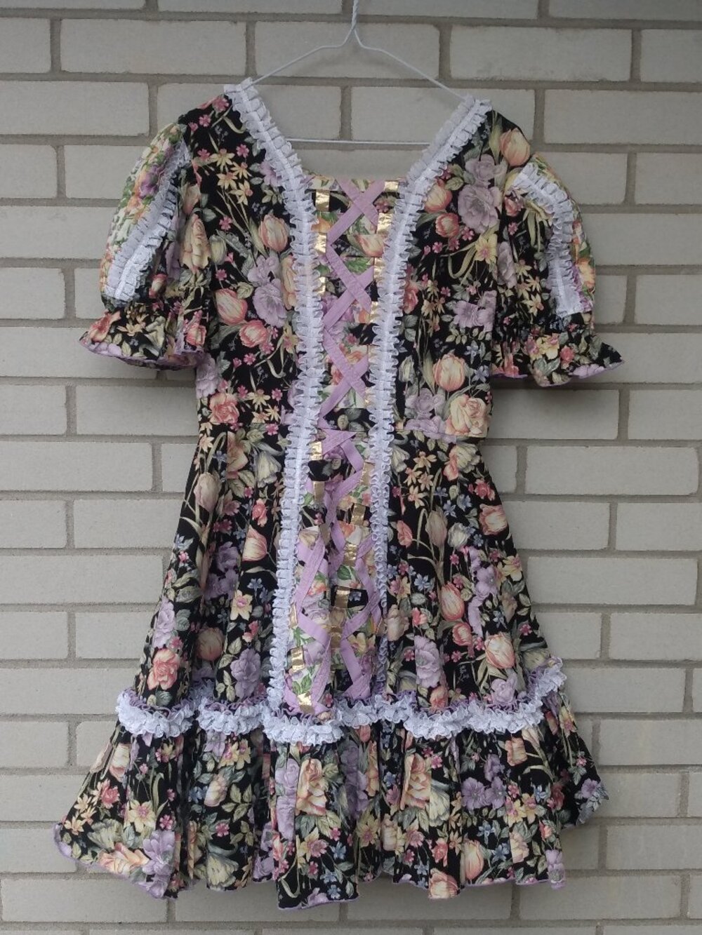 Vintage Square Dance Swing Dress Sz Small Mauve Gold Black Floral Western Dirndl